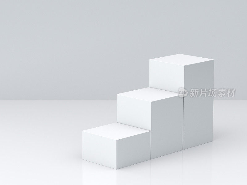 白色的立方体盒步与白色空白墙背景显示。3 d渲染。